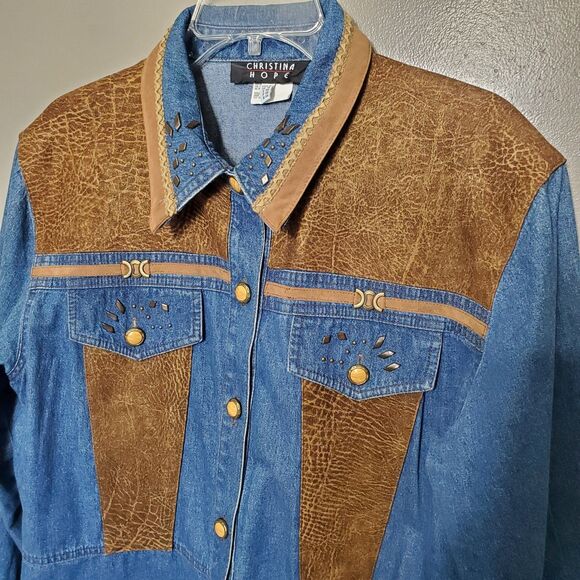 Vintage 1990's Womens Rodeo Western Button Up Shirt Size 16 Suede Denim Studded - Picture 2 of 11